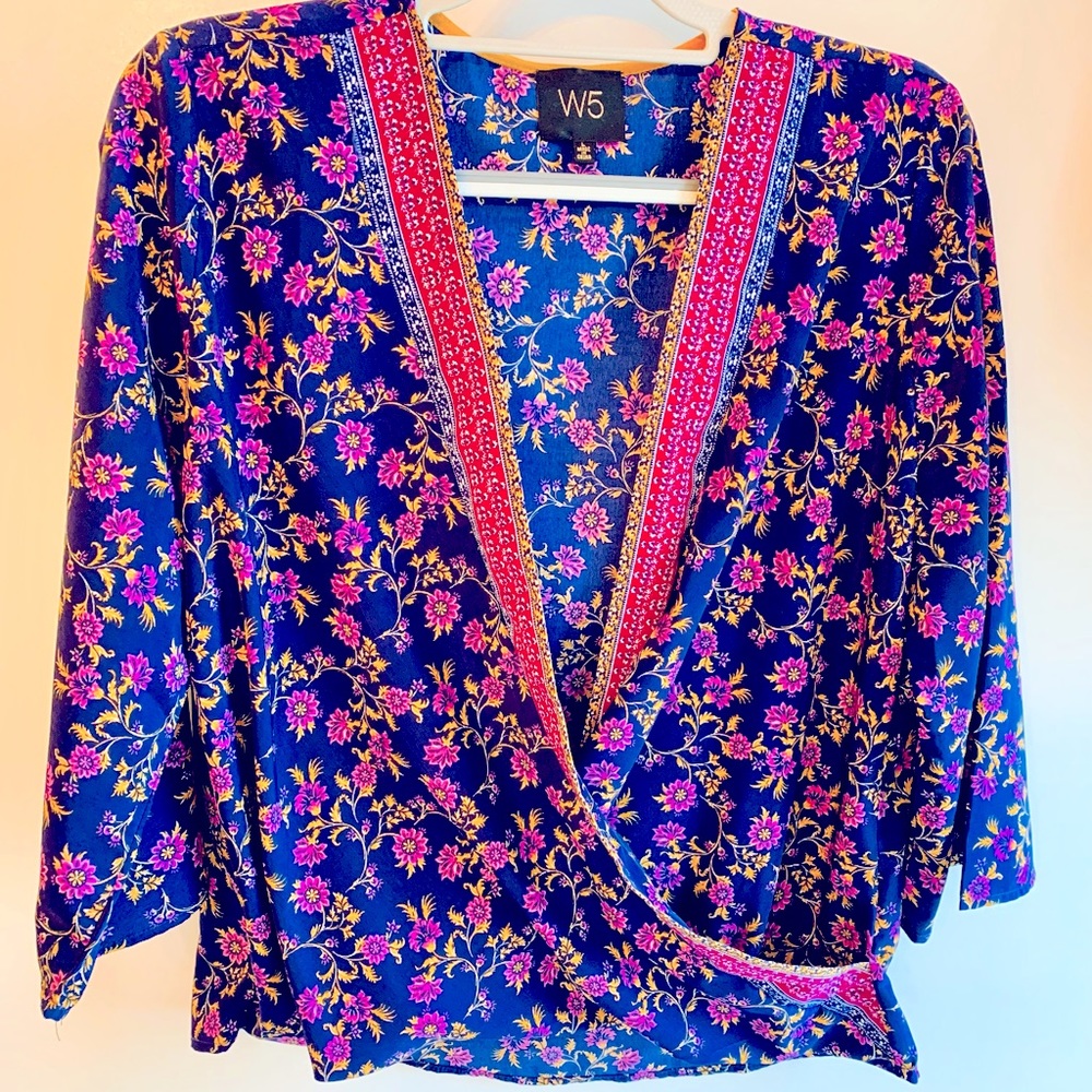 W5 Navy Floral Wrap Blouse with Pink Trim